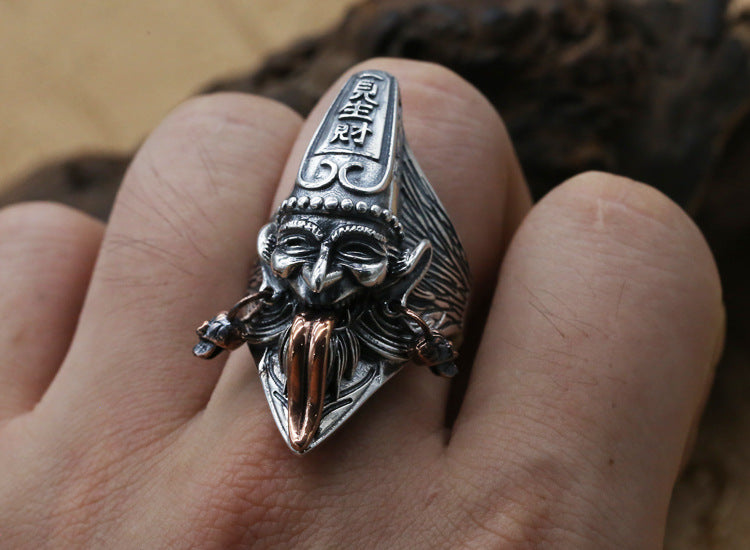 Gothic 925 Sterling Silver Ghost Ring with Gold Skull Charms – Adjustable Open Ring for Men & Women
