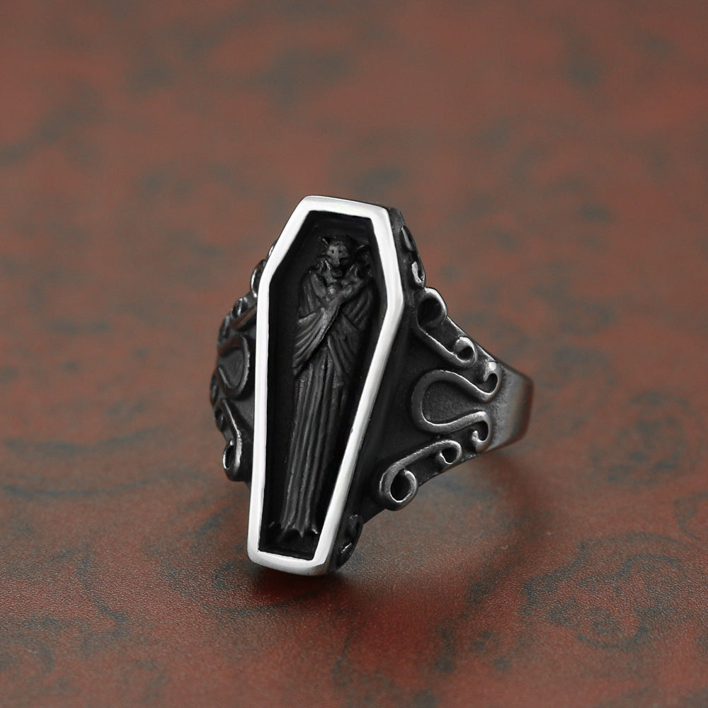 Men’s Vintage Casket Ring – Biker Steel Halloween Punk Statement Ring