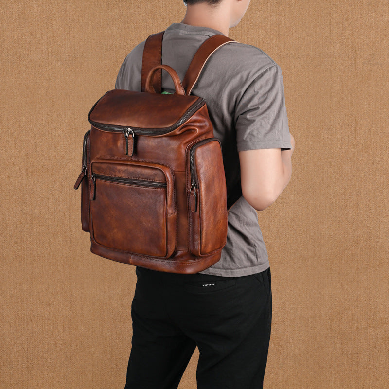 Men’s Genuine Cowhide Leather Backpack – Retro Double-Layer Outdoor Travel Rucksack