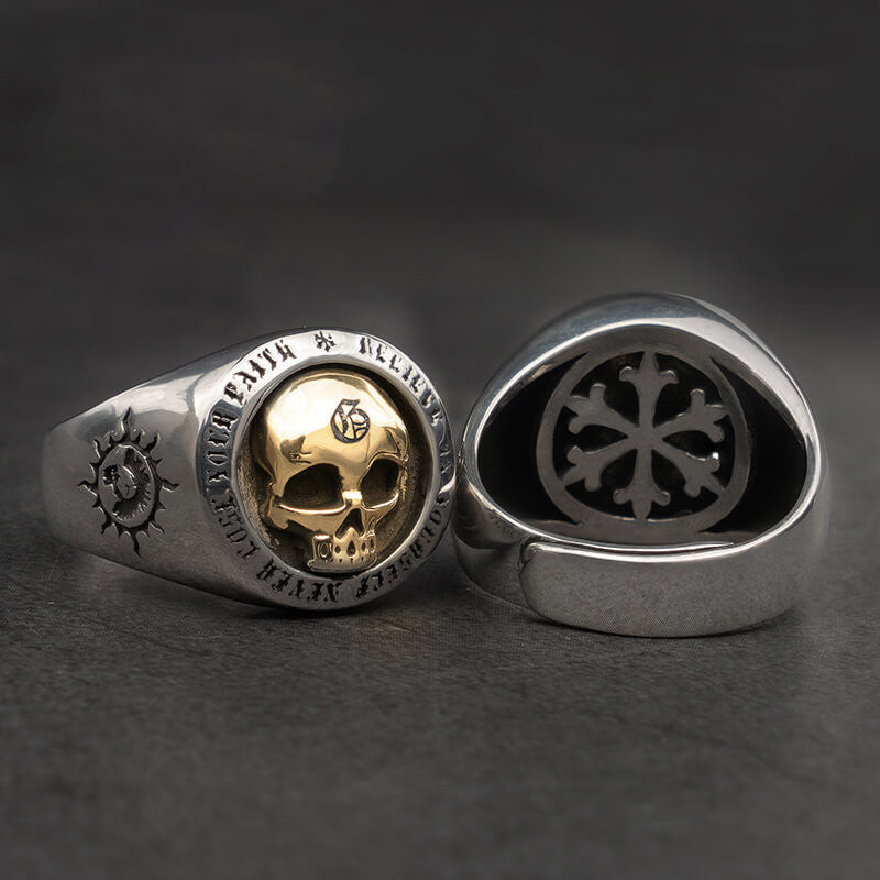 Punk 925 Sterling Silver Gold Skull Ring – Two Tone Adjustable Cocktail Ring