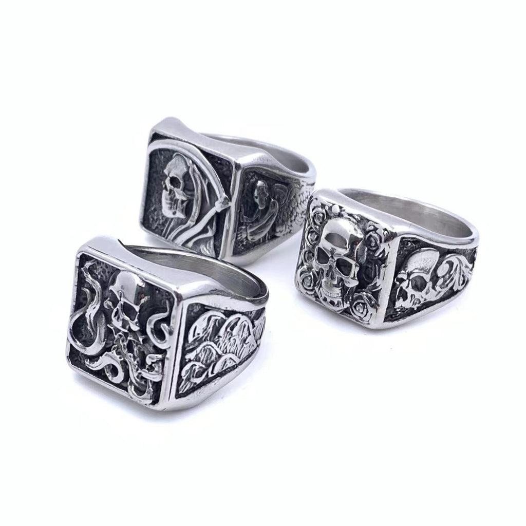 Men’s Retro Gothic Rose Skull Ring – Titanium Steel Death Style Statement Ring