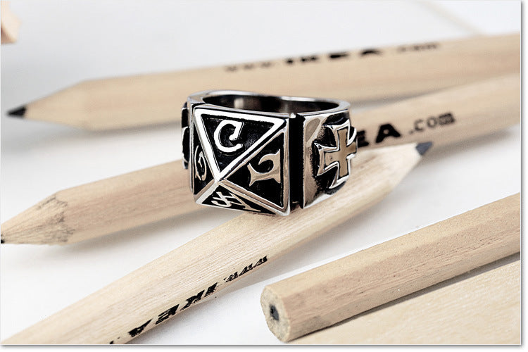 Men’s Gothic Sanskrit Pyramid Ring – Stainless Steel Cross Hip Hop Rock Statement Band