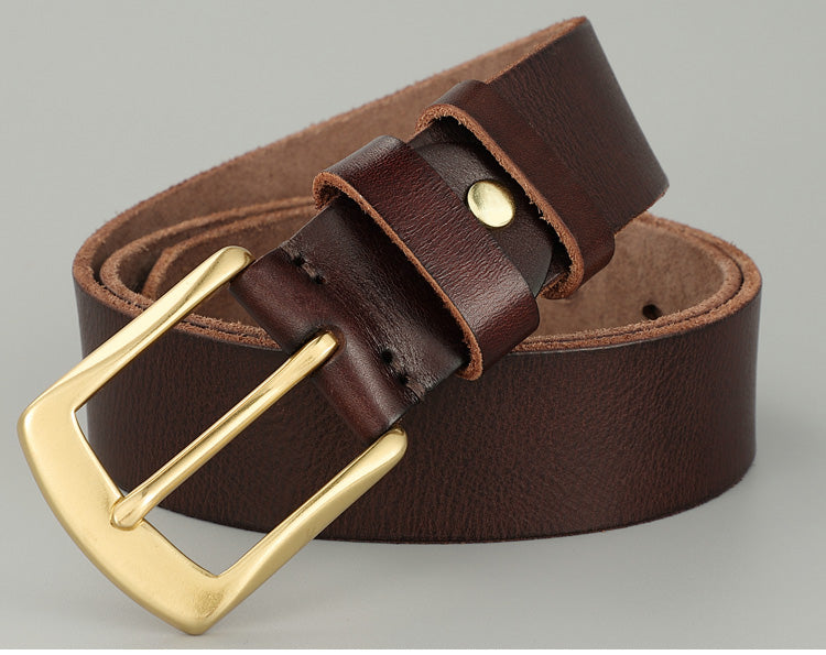 Men’s Genuine Cowhide Leather Belt – Solid Copper Smooth Plate Buckle