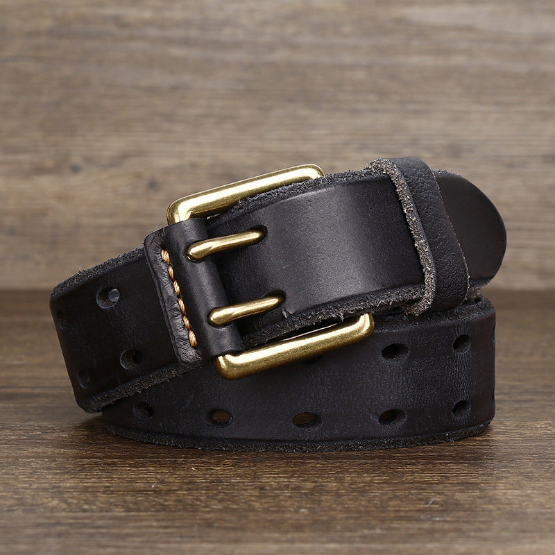 3.8cm Vintage Cowhide Leather Men’s Belt – Copper Double-Prong Buckle Jeans Belt