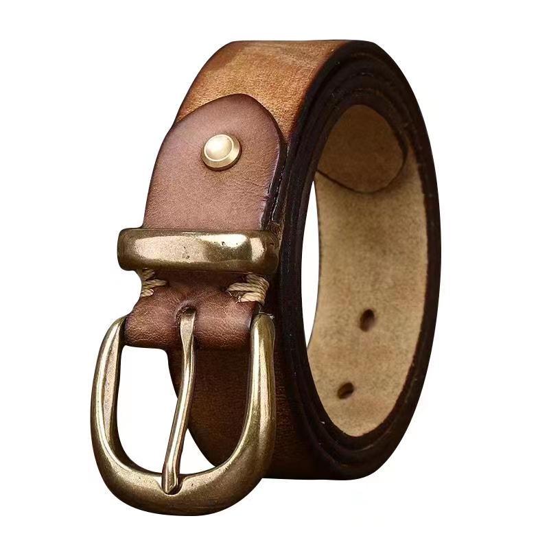 Vintage Distressed Cowhide Leather Belt – Men’s Classic Pin Buckle Be