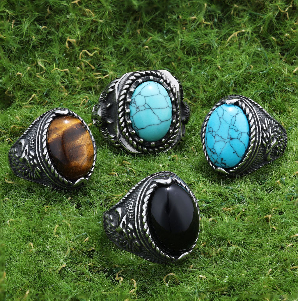 Men’s Turquoise Tiger Eye Ring – Stainless Steel Statement Ring