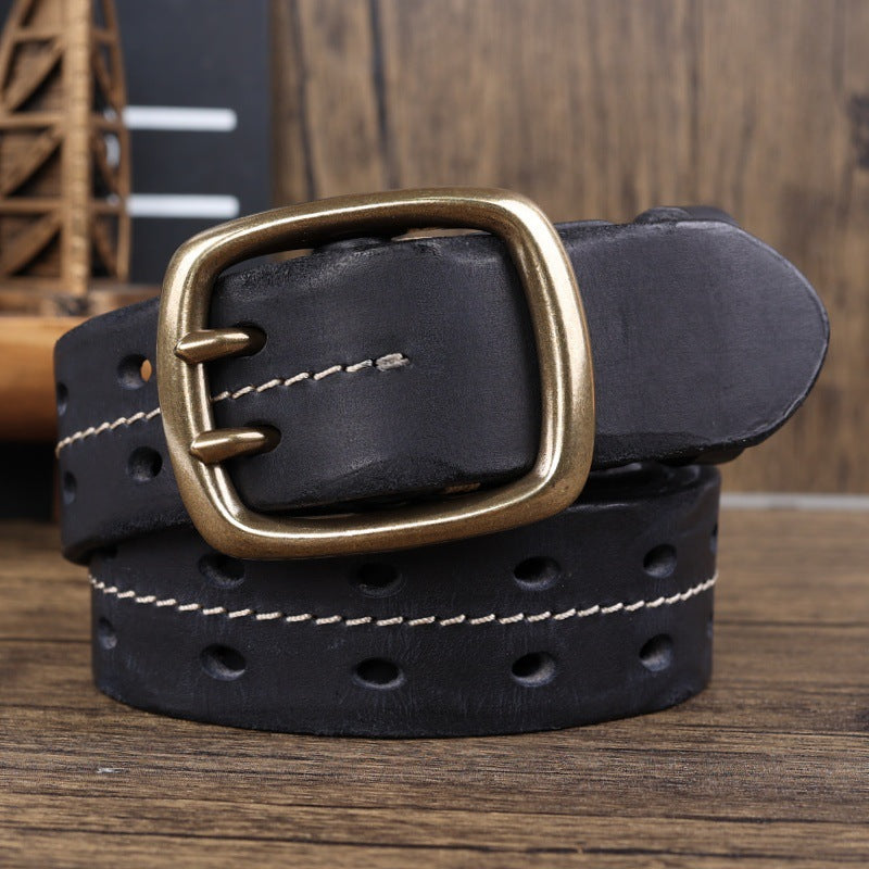 Men’s Handmade Cowhide Leather Belt – Retro Double-Prong Brass Buckle