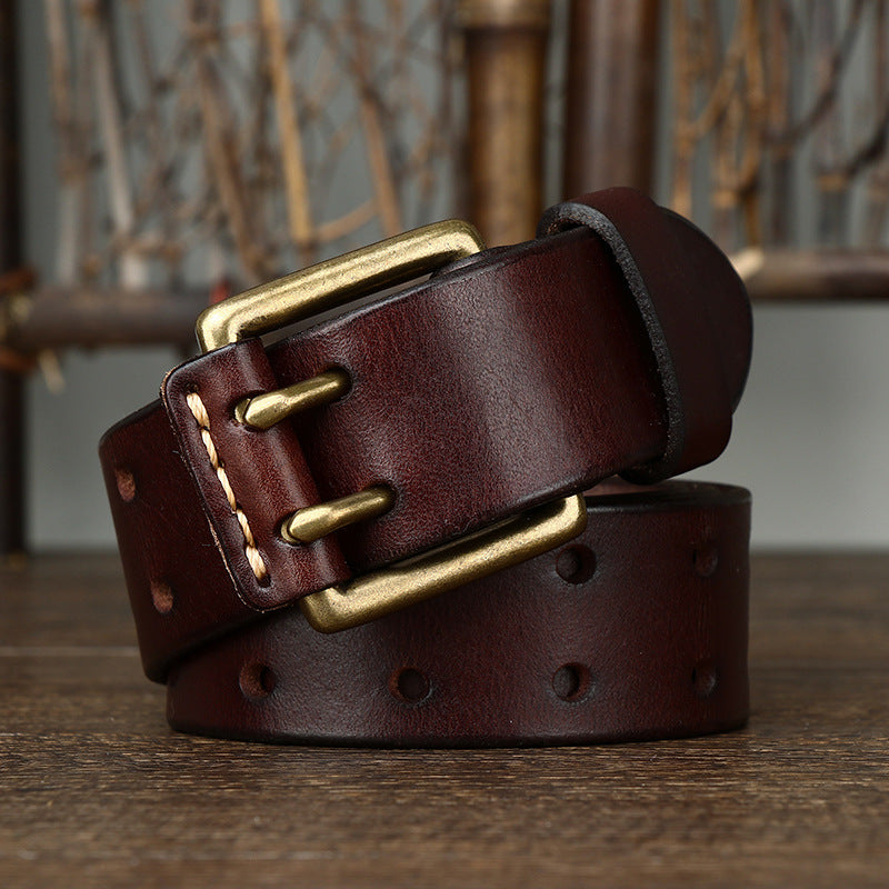 Men’s Genuine Leather Belt with Double Pin Buckle – Heavy Duty Casual Waist Belt