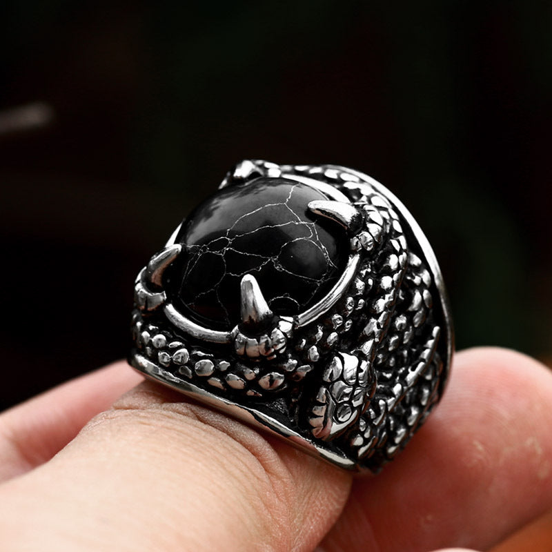 Men’s Snake Casting Ring – Titanium Steel Inlaid Black Turquoise Statement Band