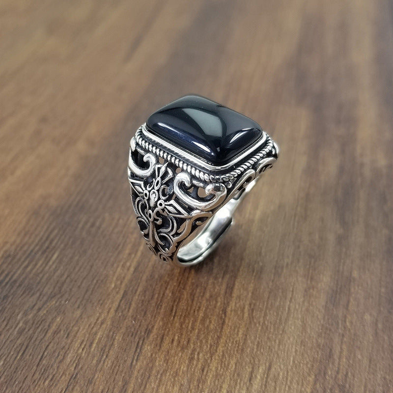 Unique 925 Sterling Silver Turkish Ring with Black Stone – Adjustable Unisex Statement Ring