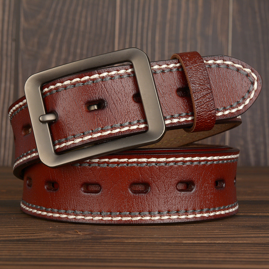 Men’s Real Cowhide Leather Belt – Two-Line Stitching with Japanese Buckle