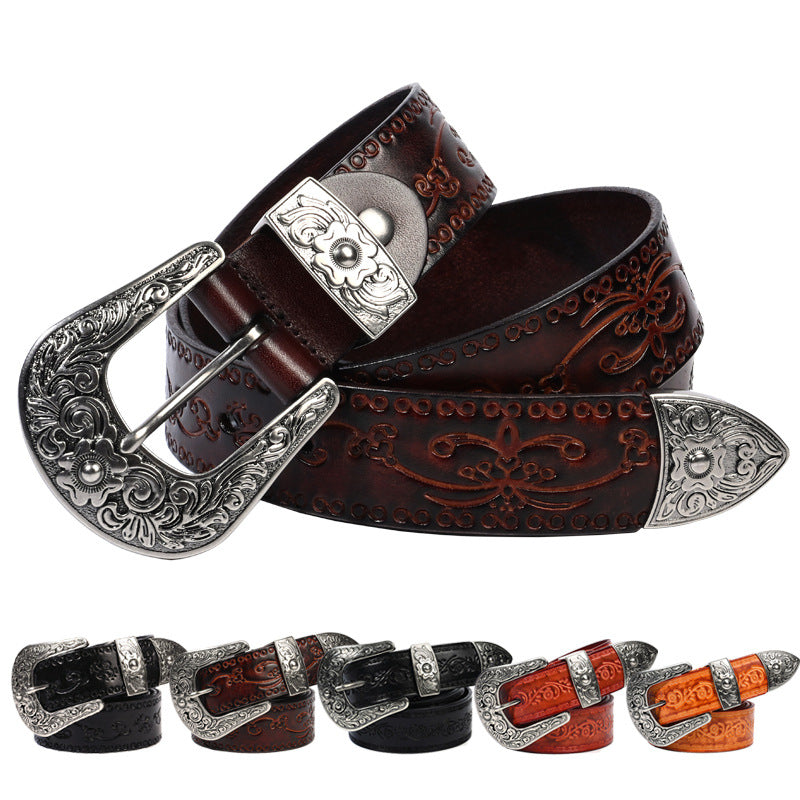 Embossed First Layer Cowhide Men’s Belt – Mongolian Style Carved Leather Belt
