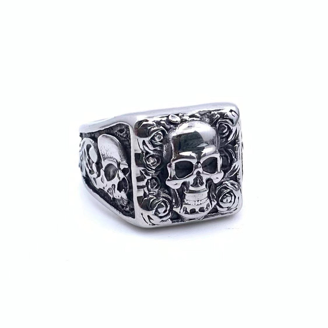 Men’s Retro Gothic Rose Skull Ring – Titanium Steel Death Style Statement Ring
