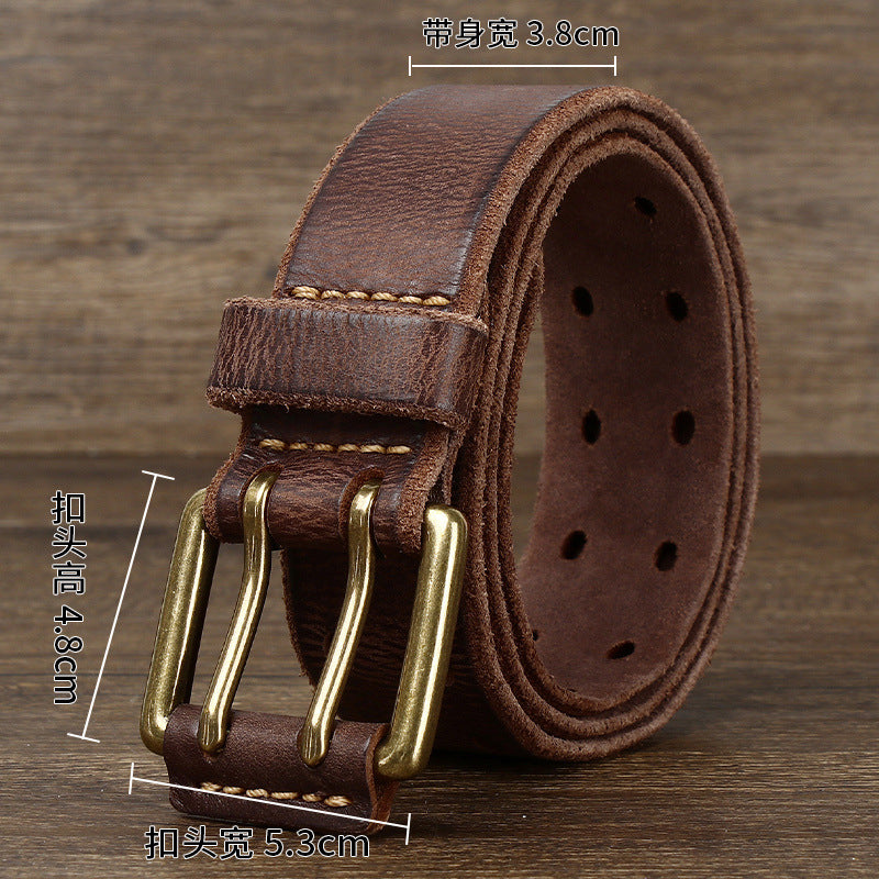 3.8cm Vintage Cowhide Leather Men’s Belt – Copper Double-Prong Buckle Jeans Belt