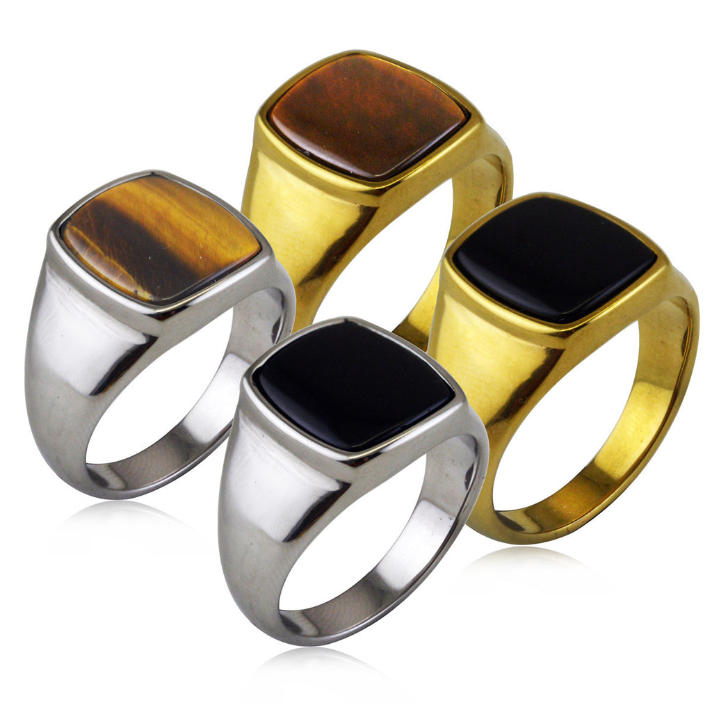 Men’s Tiger Eye Signet Ring – Gold Titanium Steel Stainless Steel Statement Band