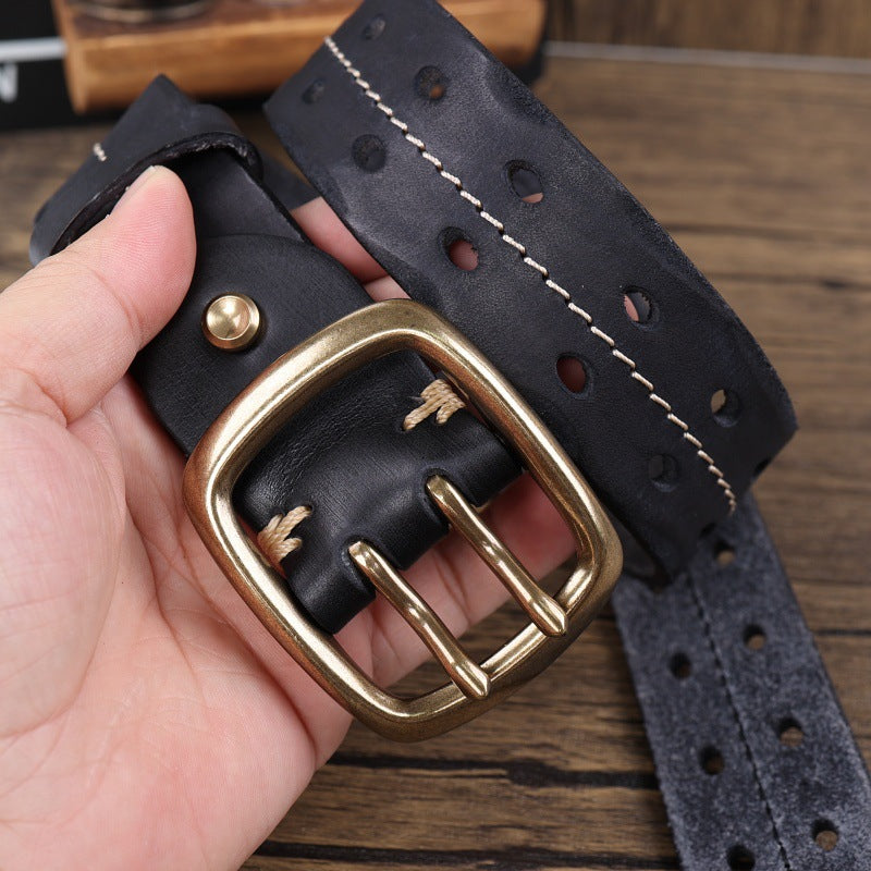 Men’s Handmade Cowhide Leather Belt – Retro Double-Prong Brass Buckle