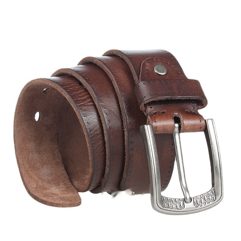 Retro Personalized Double Needle Brass Buckle First Layer Cowhide Stitching Men's Leather Belt