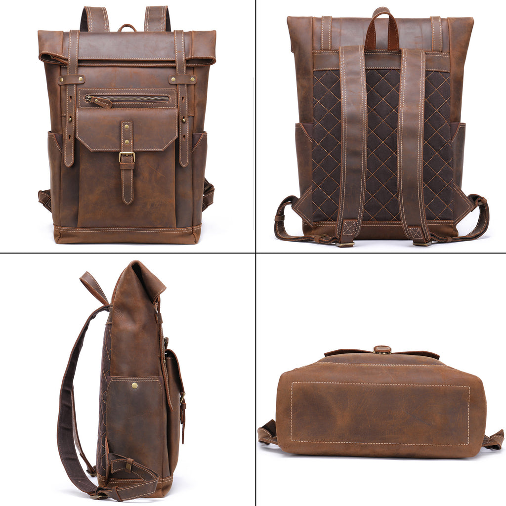 Men’s Retro Hand-Rubbed Leather Backpack – Large Capacity Laptop Travel Rucksack