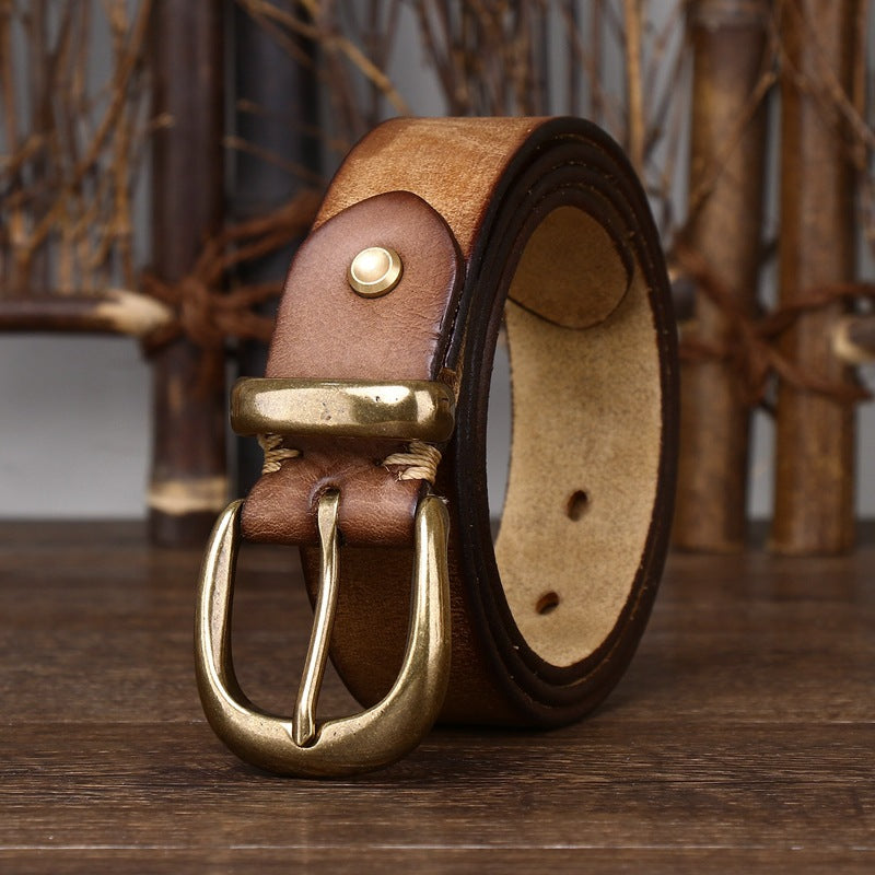 Vintage Distressed Cowhide Leather Belt – Men’s Classic Pin Buckle Be