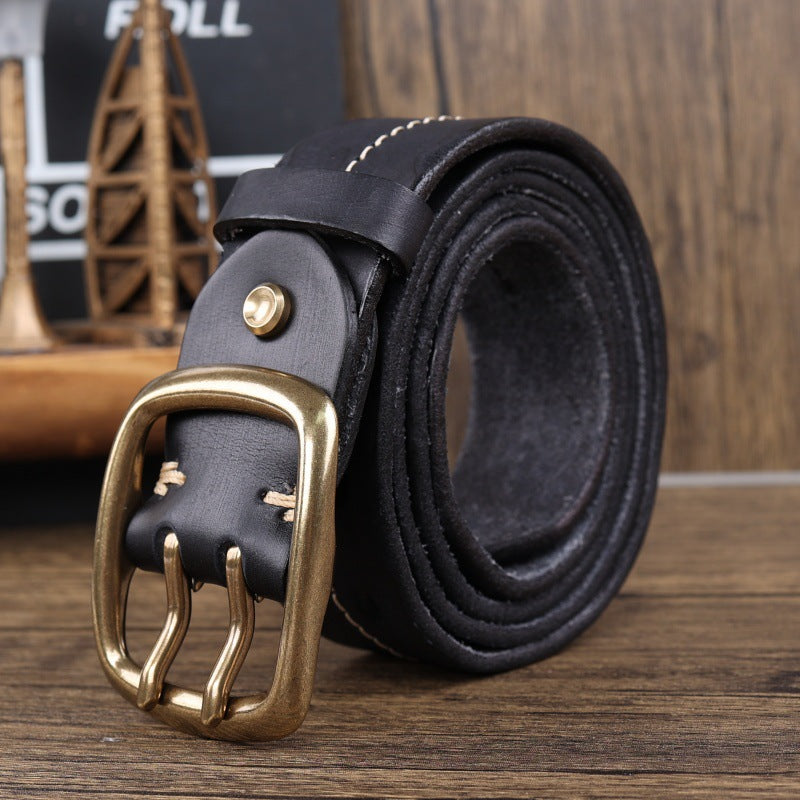Men’s Handmade Cowhide Leather Belt – Retro Double-Prong Brass Buckle