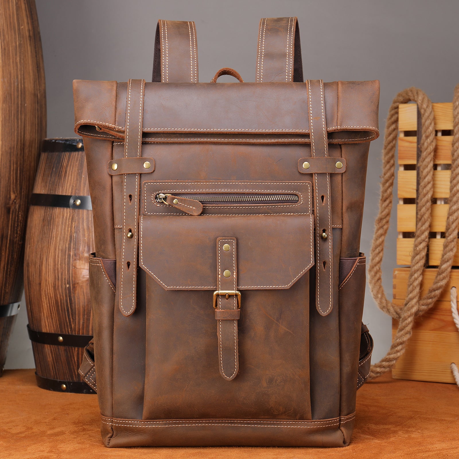 Men’s Retro Hand-Rubbed Leather Backpack – Large Capacity Laptop Travel Rucksack
