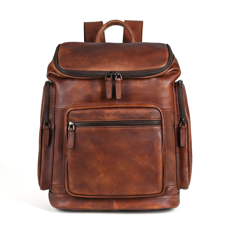 Men’s Genuine Cowhide Leather Backpack – Retro Double-Layer Outdoor Travel Rucksack