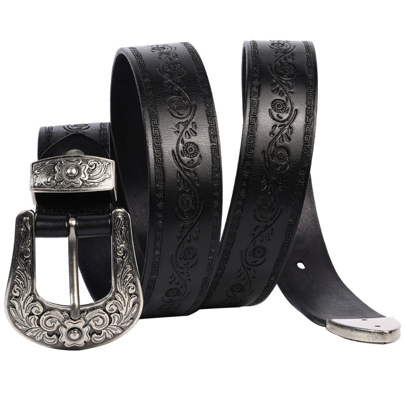 Embossed First Layer Cowhide Men’s Belt – Mongolian Style Carved Leather Belt