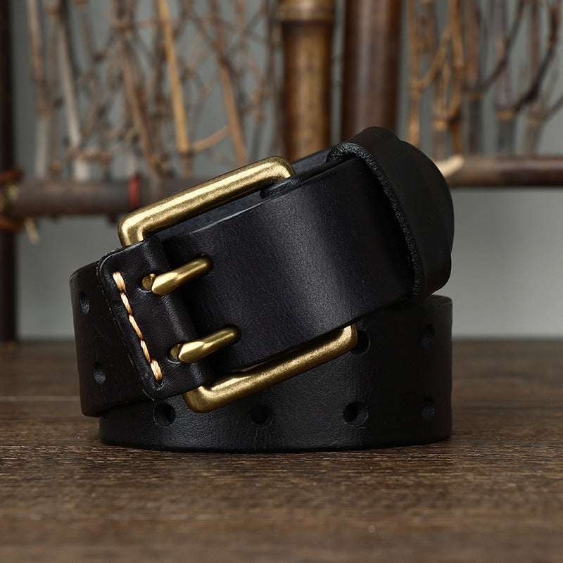 Men’s Genuine Leather Belt with Double Pin Buckle – Heavy Duty Casual Waist Belt