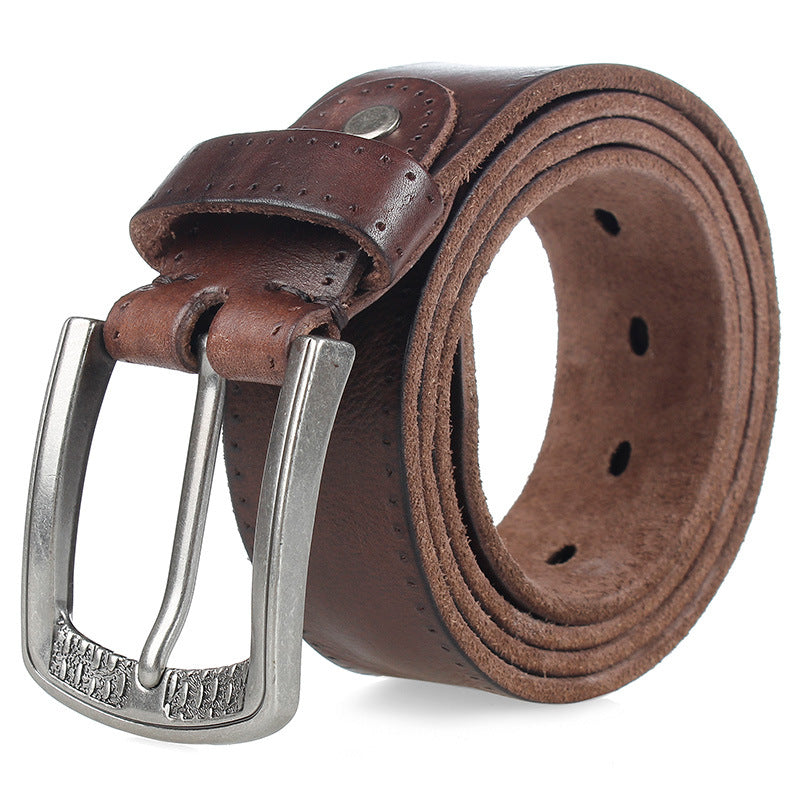 Retro Personalized Double Needle Brass Buckle First Layer Cowhide Stitching Men's Leather Belt