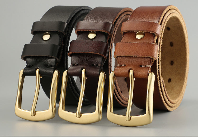 Men’s Genuine Cowhide Leather Belt – Solid Copper Smooth Plate Buckle