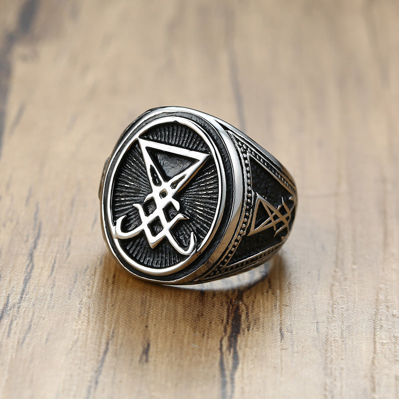Men’s Stainless Steel Satanic Baphomet Ring Gothic Occult Lucifer Demon Symbol B