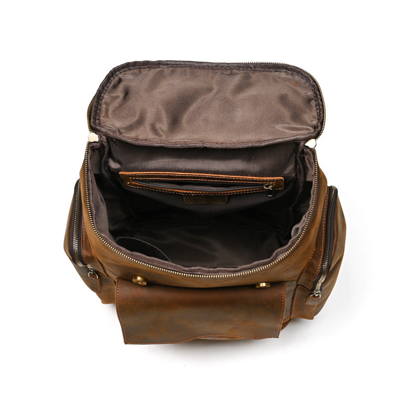 Men’s Crazy Horse Leather Backpack – First-Layer Cowhide Vintage Travel Rucksack