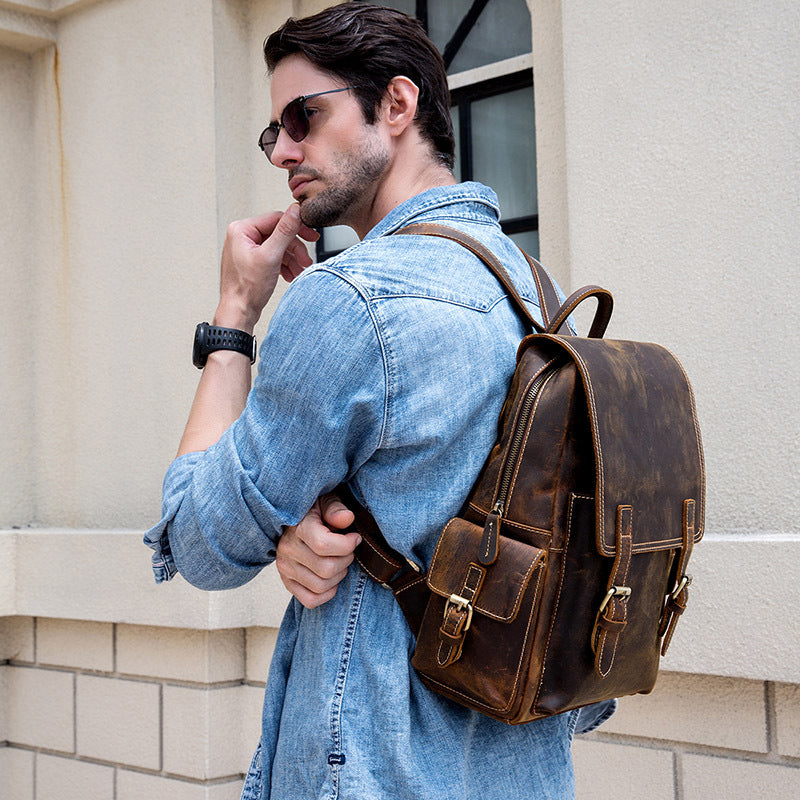 Vintage Genuine Leather Men’s Travel Backpack 15” Laptop Daypack Large Leather Rucksack