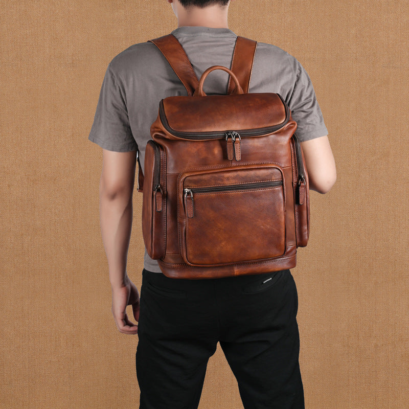 Men’s Genuine Cowhide Leather Backpack – Retro Double-Layer Outdoor Travel Rucksack