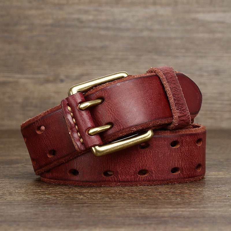 3.8cm Vintage Cowhide Leather Men’s Belt – Copper Double-Prong Buckle Jeans Belt