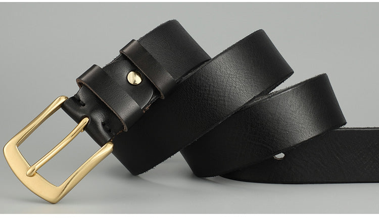 Men’s Genuine Cowhide Leather Belt – Solid Copper Smooth Plate Buckle