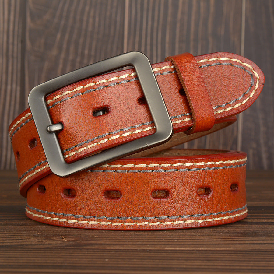 Men’s Real Cowhide Leather Belt – Two-Line Stitching with Japanese Buckle