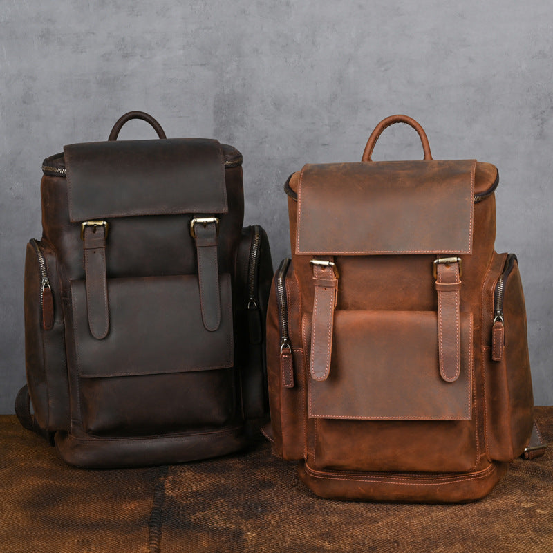 Men’s Crazy Horse Leather Backpack – First-Layer Cowhide Vintage Travel Rucksack