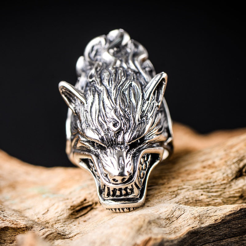 Men’s 925 Silver Wolf Head Ring – Bold Rugged Statement Ring