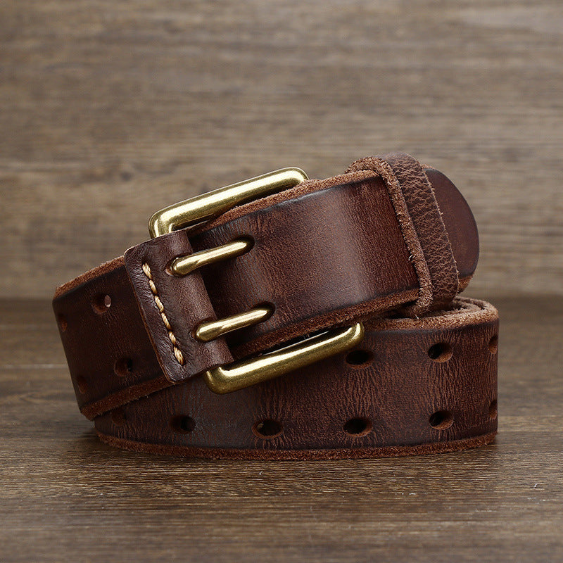 3.8cm Vintage Cowhide Leather Men’s Belt – Copper Double-Prong Buckle Jeans Belt