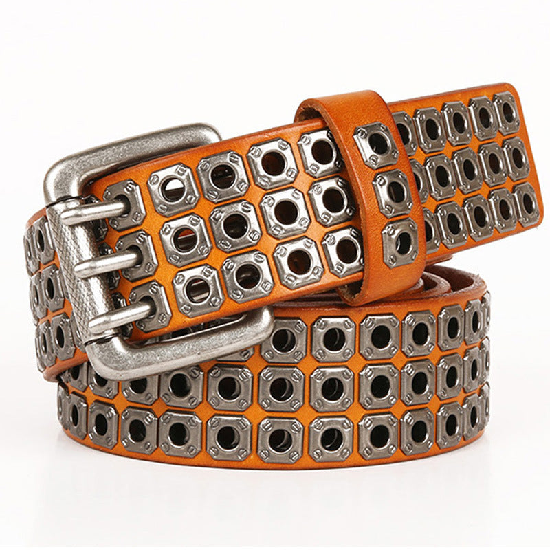 Genuine Leather Studded Cowboy Punk Belt – Heavy Metal Rivet Jeans Belt for Men