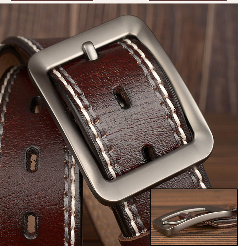 Men’s Real Cowhide Leather Belt – Two-Line Stitching with Japanese Buckle