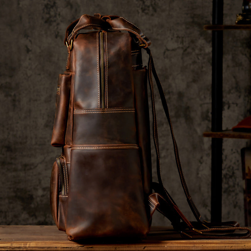 Handmade Retro Crazy Horse Leather Oversized Backpack for Men