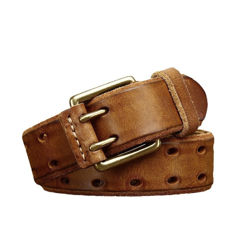 3.8cm Vintage Cowhide Leather Men’s Belt – Copper Double-Prong Buckle Jeans Belt