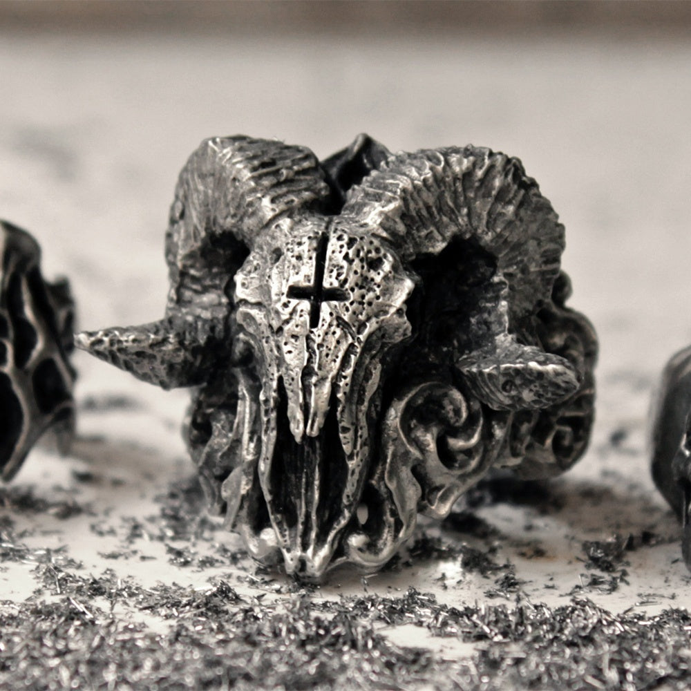 Men’s Gothic Lucifer Sheep Head Ring – Vintage Skull Cross Stainless Steel Punk Ring