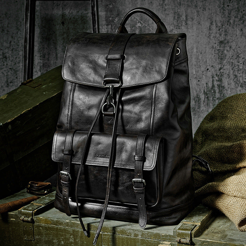 Men’s Genuine Leather Laptop Backpack – First-Layer Cowhide Large Capacity Travel Bag
