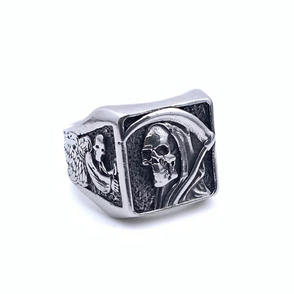 Men’s Retro Gothic Rose Skull Ring – Titanium Steel Death Style Statement Ring