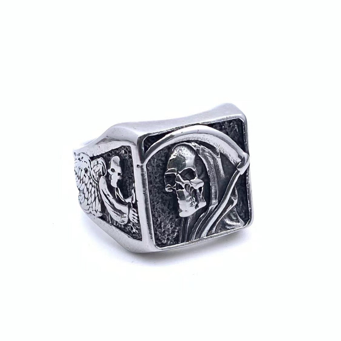 Men’s Retro Gothic Rose Skull Ring – Titanium Steel Death Style Statement Ring