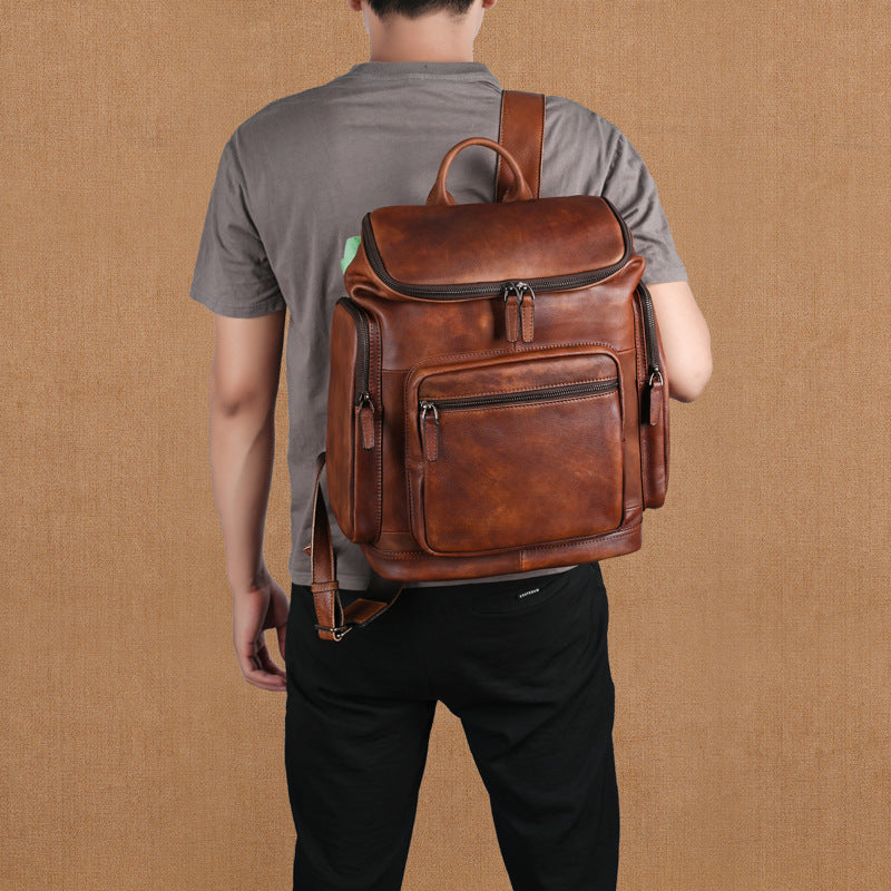 Men’s Genuine Cowhide Leather Backpack – Retro Double-Layer Outdoor Travel Rucksack