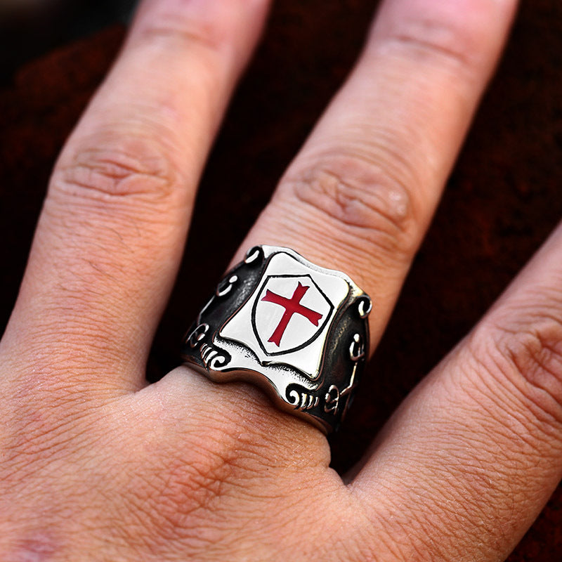 Knights Templar Red Cross Ring – Gothic Biker Crusader Ring for Men